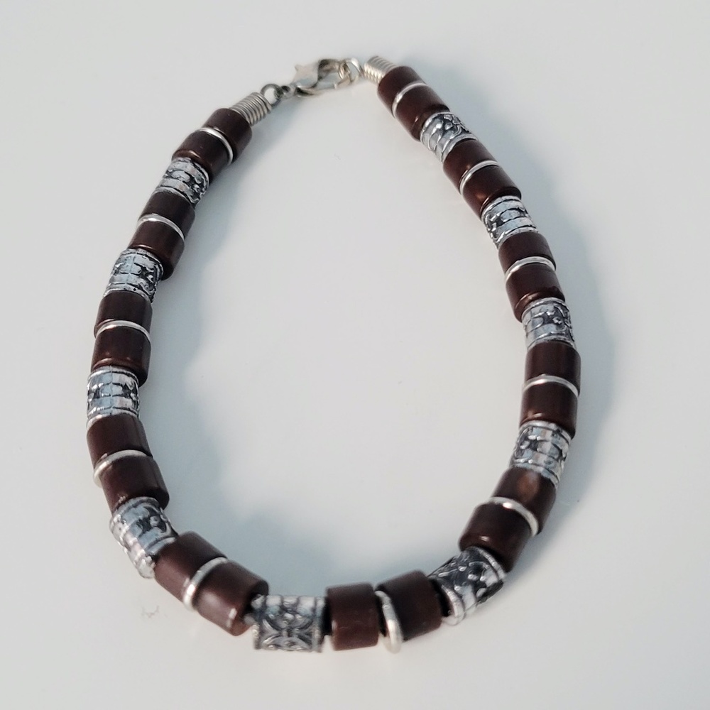 Brown/Silver Beaded Clasp Bracelet Unisex